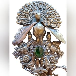 Antique mantu shawl brass Fanned out peacock brooch Bird pin green cabochon Peru